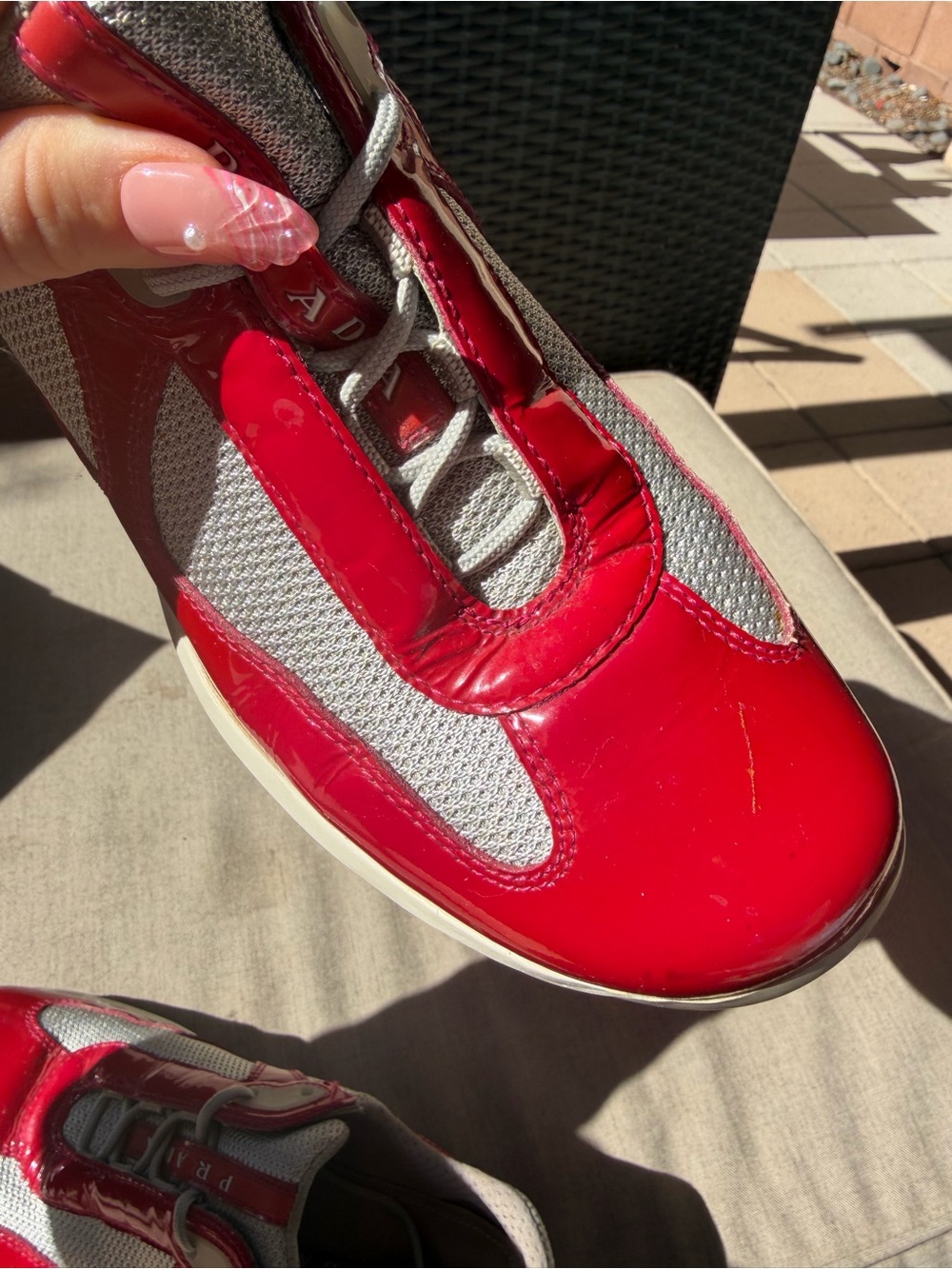 Prada Women America's Cup sneakers Red Patent & Gray Mesh Sneakers - Picture 9 of 12